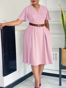 Elegant pink V-neck midi dress with ruffled short sleeves and a stylish brown belt