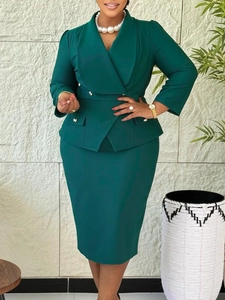 Elegant dark green professional skirt suit with slim-fit blazer and knee-length skirt