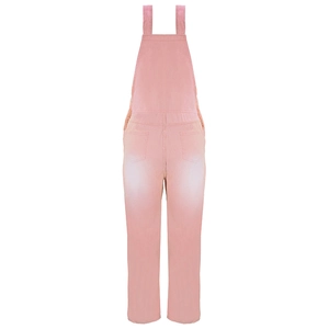 Close-up of pink denim overalls featuring adjustable straps and vintage washed fading effect
