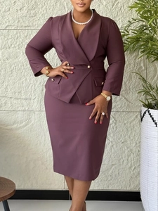 Elegant plum purple two-piece business suit featuring a waist-fitted blazer and pencil skirt