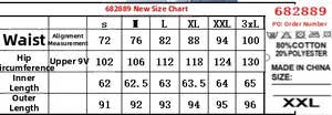 Size chart for women's ripped jeans showing S to 3XL measurements in cm and material details