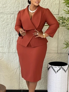 Elegant brick red business suit set with slim fit blazer and pencil skirt for women