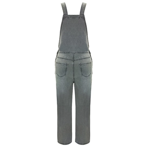 Rear view of grey washed denim overalls featuring back pockets and straight leg cut