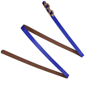 Detailed view of women's royal blue leather belt with gold ring chain buckle and tan lining