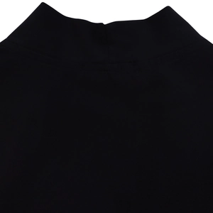Detailed macro view of the black mock neck collar and seamless knit fabric texture