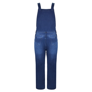 Rear view detail of dark blue denim overalls with two shield-shaped back pockets and straight leg