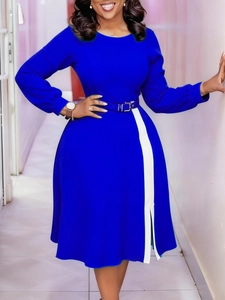 Women Elegant Round Neck Long Sleeve Midi Dress Slit Contrast Side Panel With Belt High Waist Work Party Office Dress