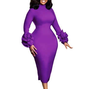 Detailed view of elegant purple bodycon dress featuring layered 3D floral ruffles on cuffs