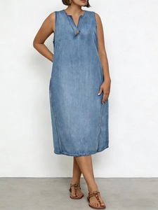 Plus size light blue sleeveless denim dress with V-neck and distressed edge detail