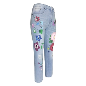 Women's light blue high waist straight jeans with colorful floral print and distressed rips