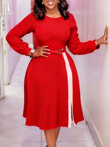 Elegant red long sleeve dress for women featuring a white vertical side panel and belt