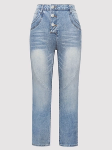 Light blue high waisted jeans featuring a four-button fly and stylish V-seam stitching