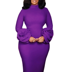 Detail of elegant dark purple slim-fit dress with 3D floral cuff decoration