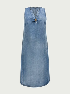 Loose V-neck sleeveless denim dress in light blue wash with vintage wood button detail