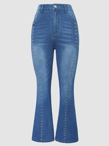 Vintage high waist flare jeans with double-sided metal studs in gradient blue denim