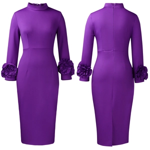 Detail view of purple slim fit dress showing elegant high neck and 3D floral cuffs