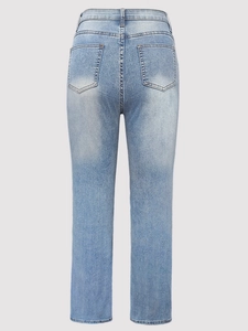 High waist light blue stretch straight denim pants with triple button closure from back view