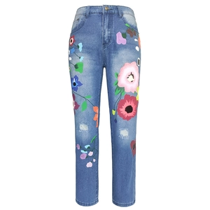 Women's high waist straight jeans with colorful floral prints and distressed knee details