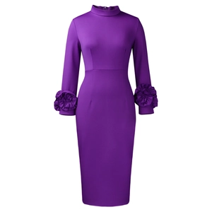Detail of elegant dark purple midi dress featuring unique oversized 3D flower cuffs on sleeves