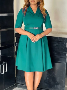 Women Elegant V-Neck Pleated Midi Dress Office Lady Half Sleeve A-Line Solid Color Fashion Dress And Belt