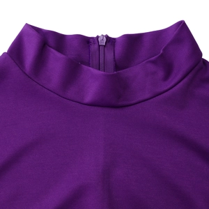 Close-up of high neck collar with concealed back zipper on purple knit dress