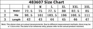 Detailed size chart for camo denim shorts featuring waist, hip, and length measurements