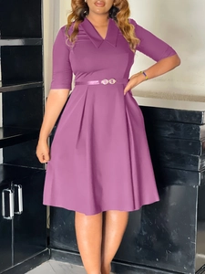 Elegant purple short-sleeve A-line dress with lapel collar and golden buckle waist belt