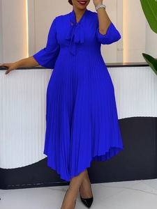 Elegant royal blue pleated midi dress with V-neck bow and irregular hemline