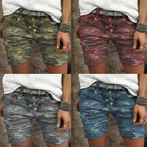 Women's high waist camo cargo denim shorts in four colors with button fly and belted waist