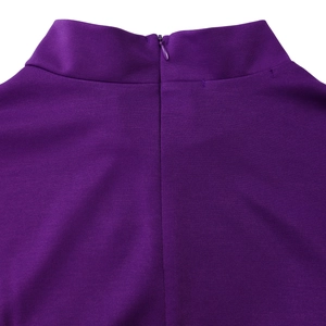 Close-up of purple turtleneck dress featuring rib-knit fabric and invisible back zipper