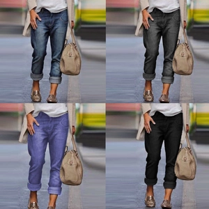 Four-color collage of slim fit cropped denim jeans in blue, grey, purple and black hues