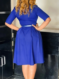 Elegant royal blue A-line midi dress with short sleeves and a waist-defining belt back view