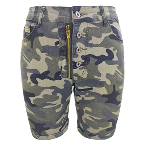 Women's high waist camouflage denim shorts with slim fit design and metal buttons