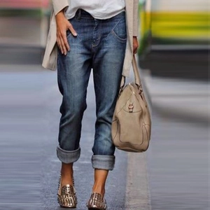 Women's Urban Casual Straight Leg Jeans Washed Denim Cotton Pants With Cuffed Hem High Waist Daily Trousers
