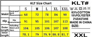 Size chart for women's denim jeans showing measurements for S to XXL sizes and materials