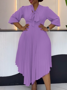 Elegant purple pleated midi dress with V-neck tie waist and irregular hemline