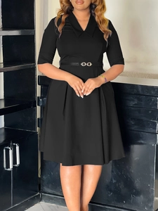 Elegant black mid-length pleated dress with V-neck lapel and slim belted waistline