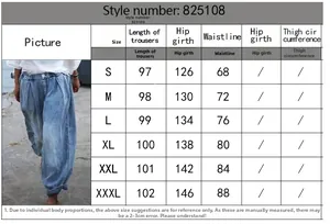 Guide des tailles pour pantalon harem en jean femme, mesures du S au 3XL en cm