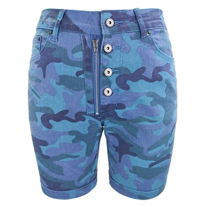 Detailed front view of women's camo denim shorts with metal button fly and five pockets