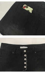 Vue détaillée du short en jean gris foncé à taille haute avec braguette à cinq boutons