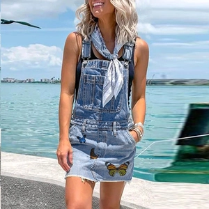 Robe à Bretelles en Denim Décontractée et Douce pour Femmes Imprimé Floral Papillon Bord Effiloché Mélange de Coton Bretelles Réglables Jupe Sans Manches