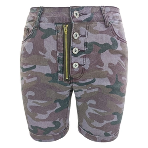 Close-up of camouflage denim shorts featuring four metal buttons and a rolled hem detail