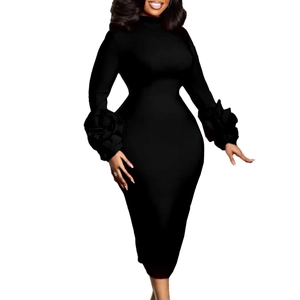 Close-up of elegant black fitted dress featuring oversized 3D floral details on cuffs