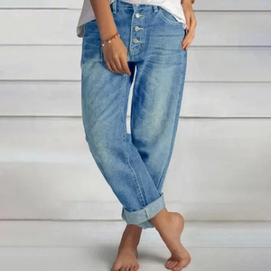 Damen High Waist hellblaue Denim Straight Jeans mit Vintage-Knopfleiste und Saumaufschlag