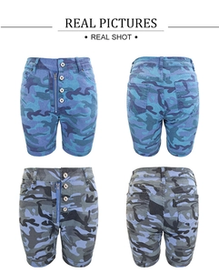 Detail view of camouflage denim shorts with button fly and cuffed hem in two color options