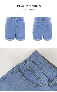 Detailed views of light blue high-waisted denim shorts featuring cuffed hems and pockets