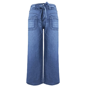 Women's high waist wide leg blue denim jeans with decorative waist tie and front pockets