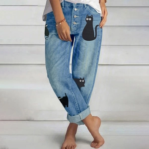 Jean Femme American Vintage Taille Haute Coupe Droite Pantalon en Denim Délavé Décontracté Avec Imprimé Chat Cartoon