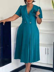 Elegant V Neck Short Sleeve Pleated Midi Dress For Women With Flower Accent High Waist Solid Color Elegant Commuter Apparel