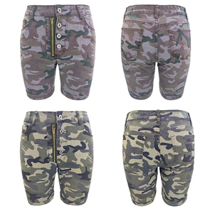 Front and back view of camouflage denim shorts with high-waist four-button closure